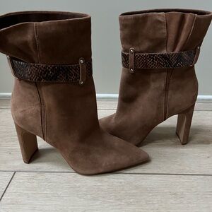 Brown Suede Ankle Boots with Snakeskin Accent